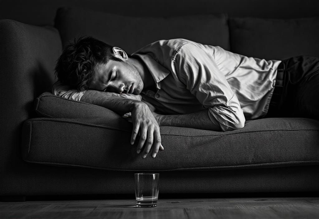 Monochrome Image of a Man Passed Out on Couch
