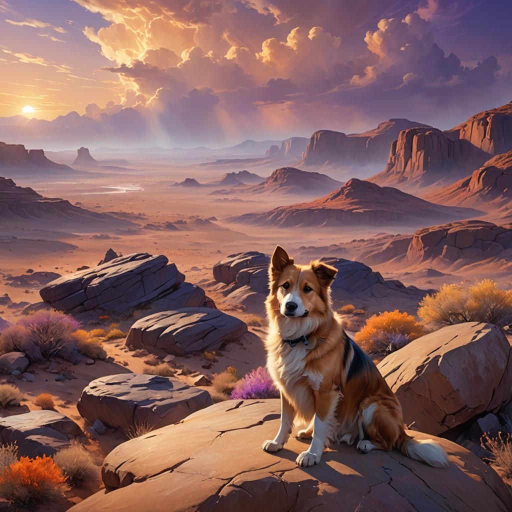 Dog in Dreamy Desert Landscape Concept Art