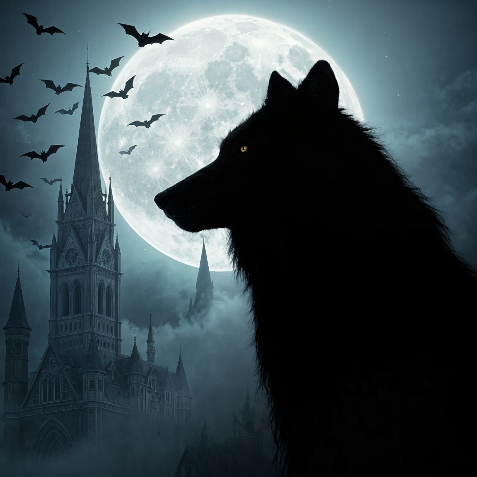 Wolf Silhouette Against a Gothic Castle Under Full Moon