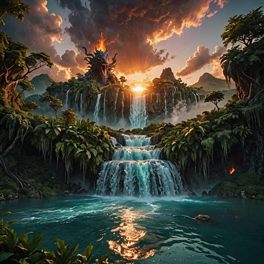 Epic Dragon's Waterfall at Sunset