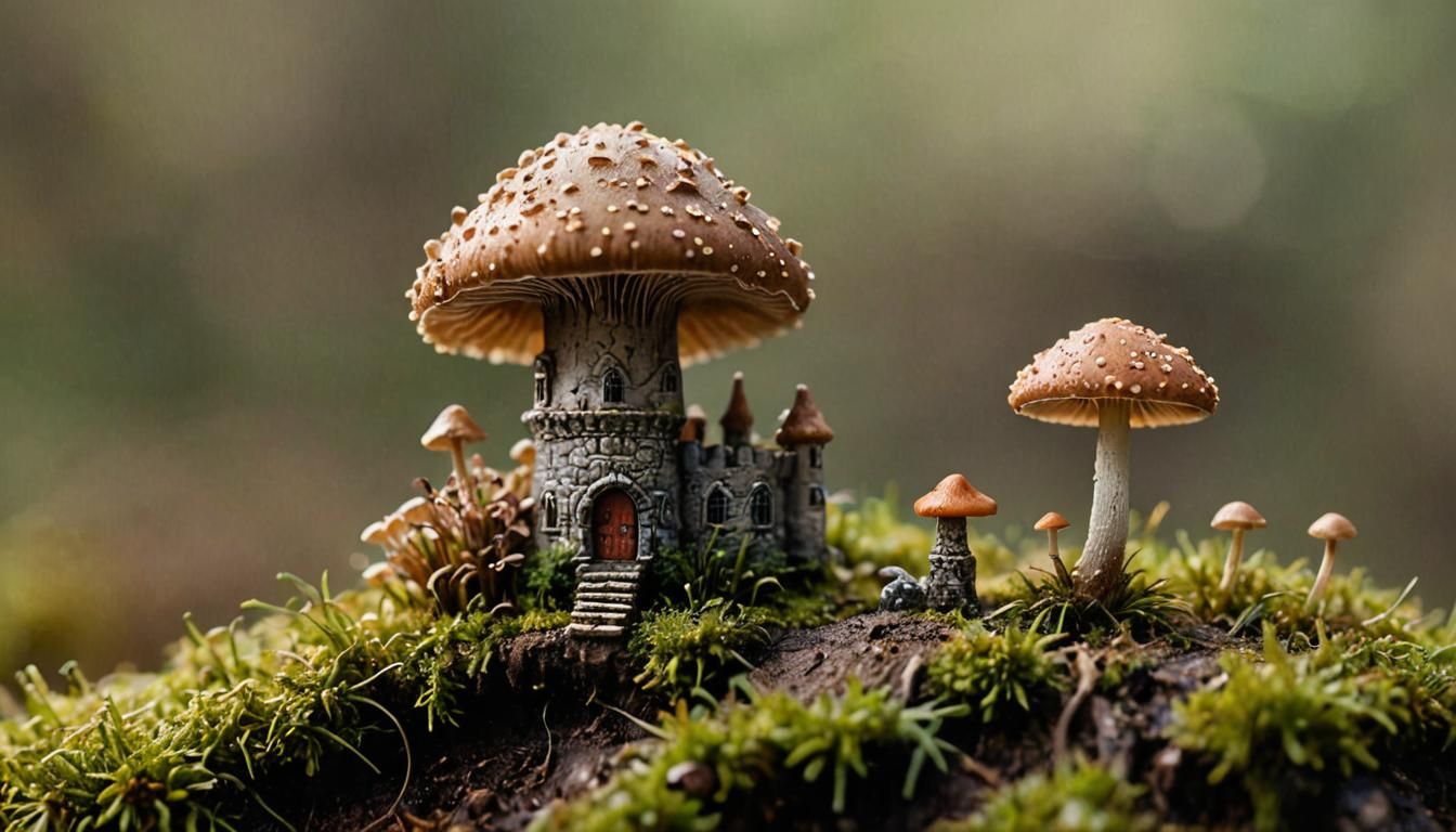 Miniature Mushroom Castle: Macrophotography Close-Up