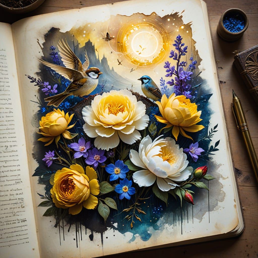 Whimsical Floral Dreamscape with a Celestial Sparrow