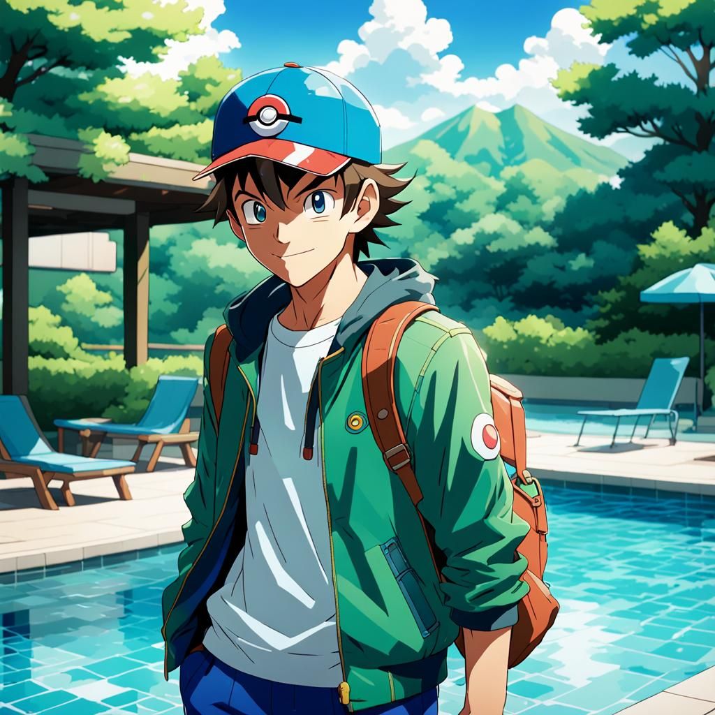Pokémon Trainer at the Pool, Cel-Shaded Anime Style