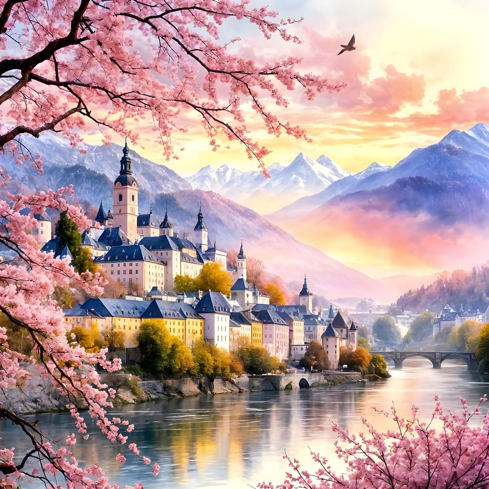 A serene sunrise across Salzburg in spring.