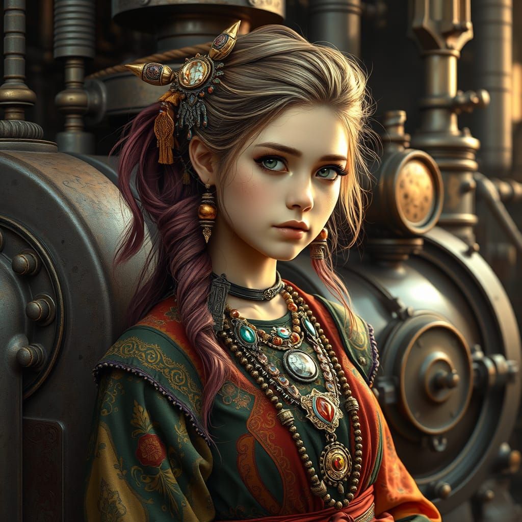 Hyperrealistic Teenager with Ancient Jewels & Steampunk Engi...