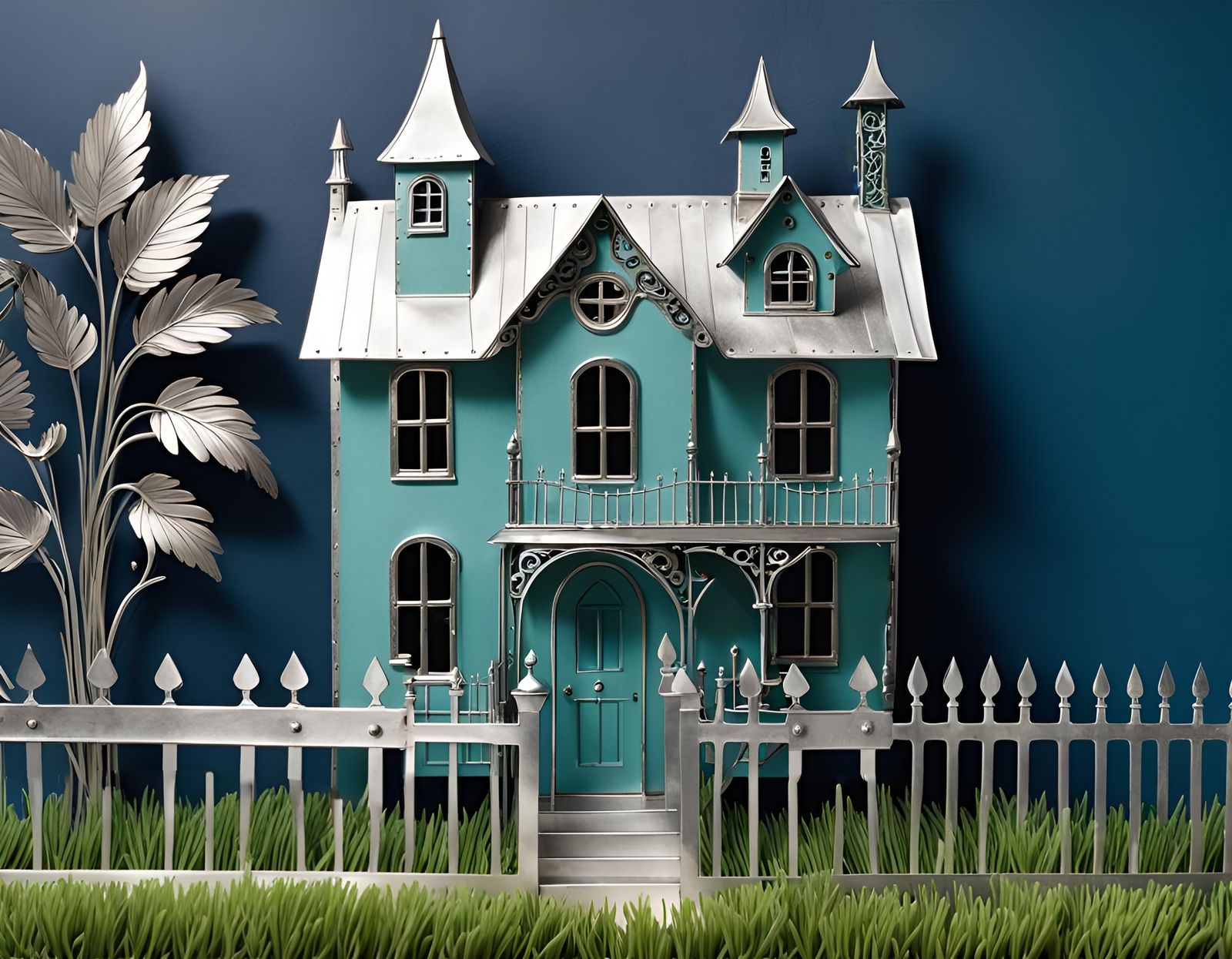 Metal House Sculpture with Green Metalwork