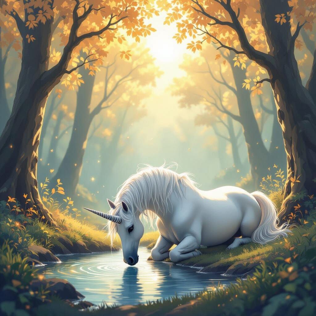 Unicorn in Mystical Forest Glade Digital Painting