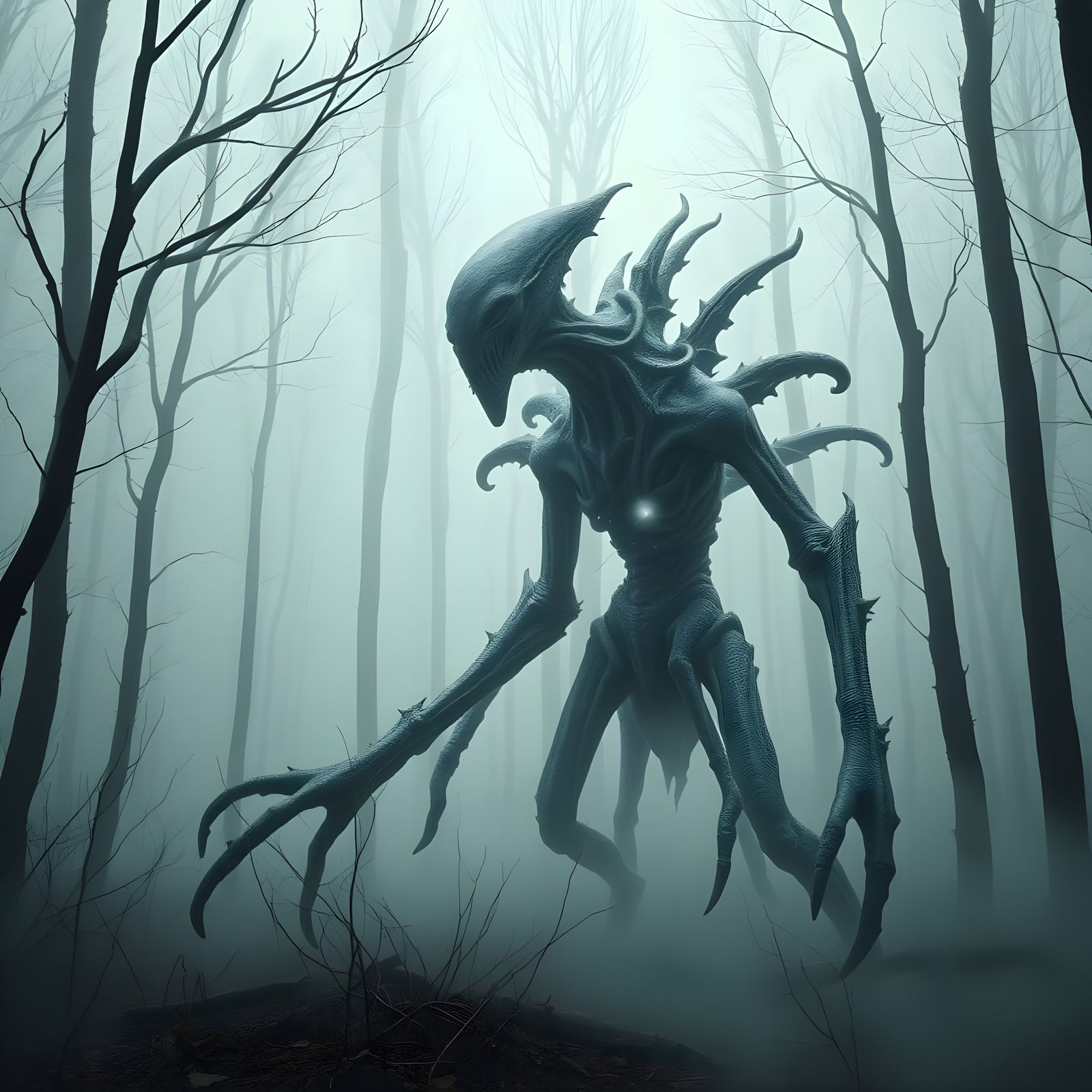 Surreal Alien Monstrosity in Foggy Forest