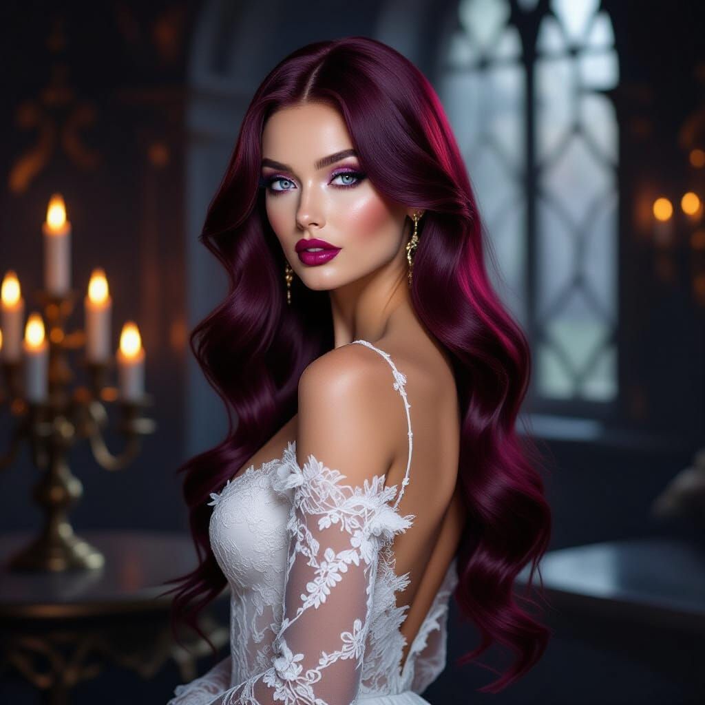 Gothic Supermodel in White Lace Gown, Surrealist Painting