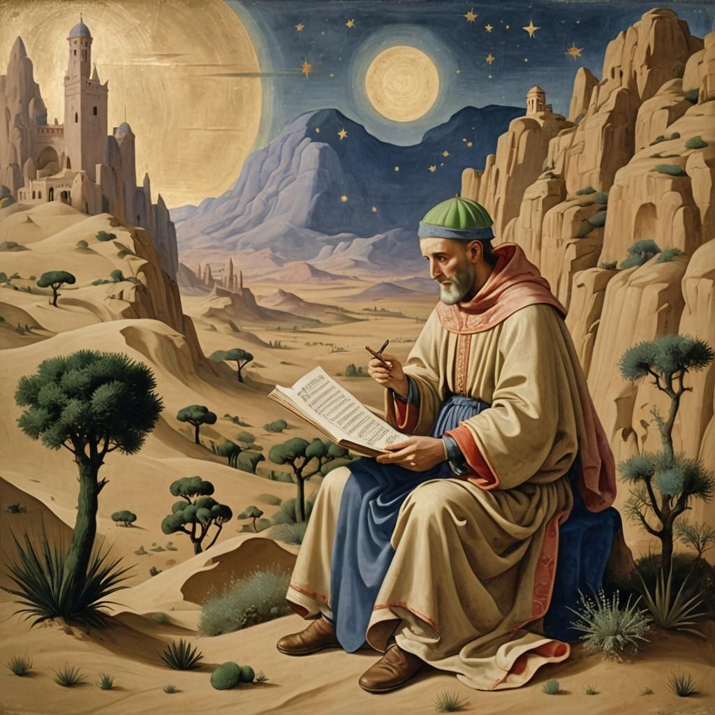 Wise Man Reading in Alien Desert, Fra Angelico Style