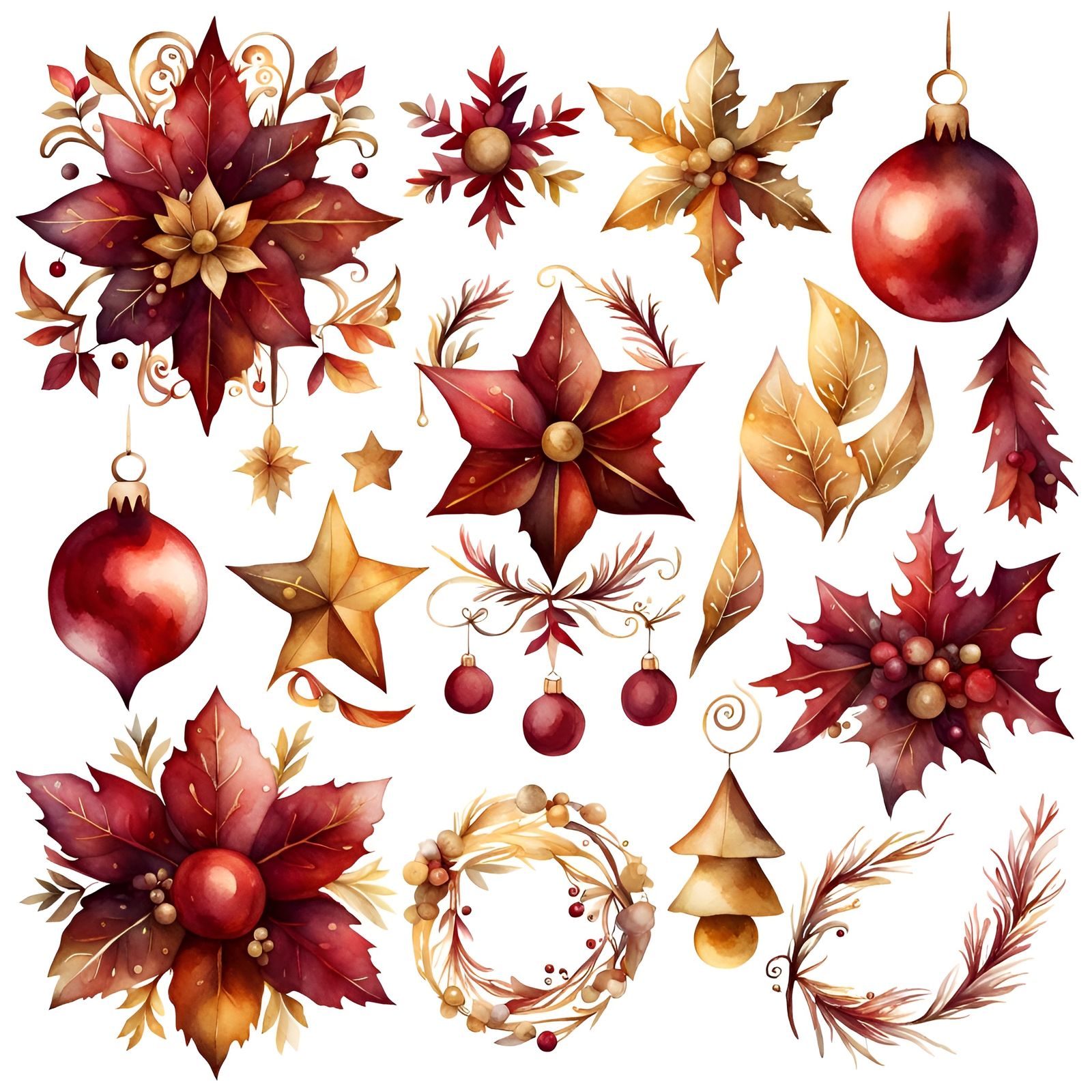Boho Christmas Watercolor Clipart in Red and Gold