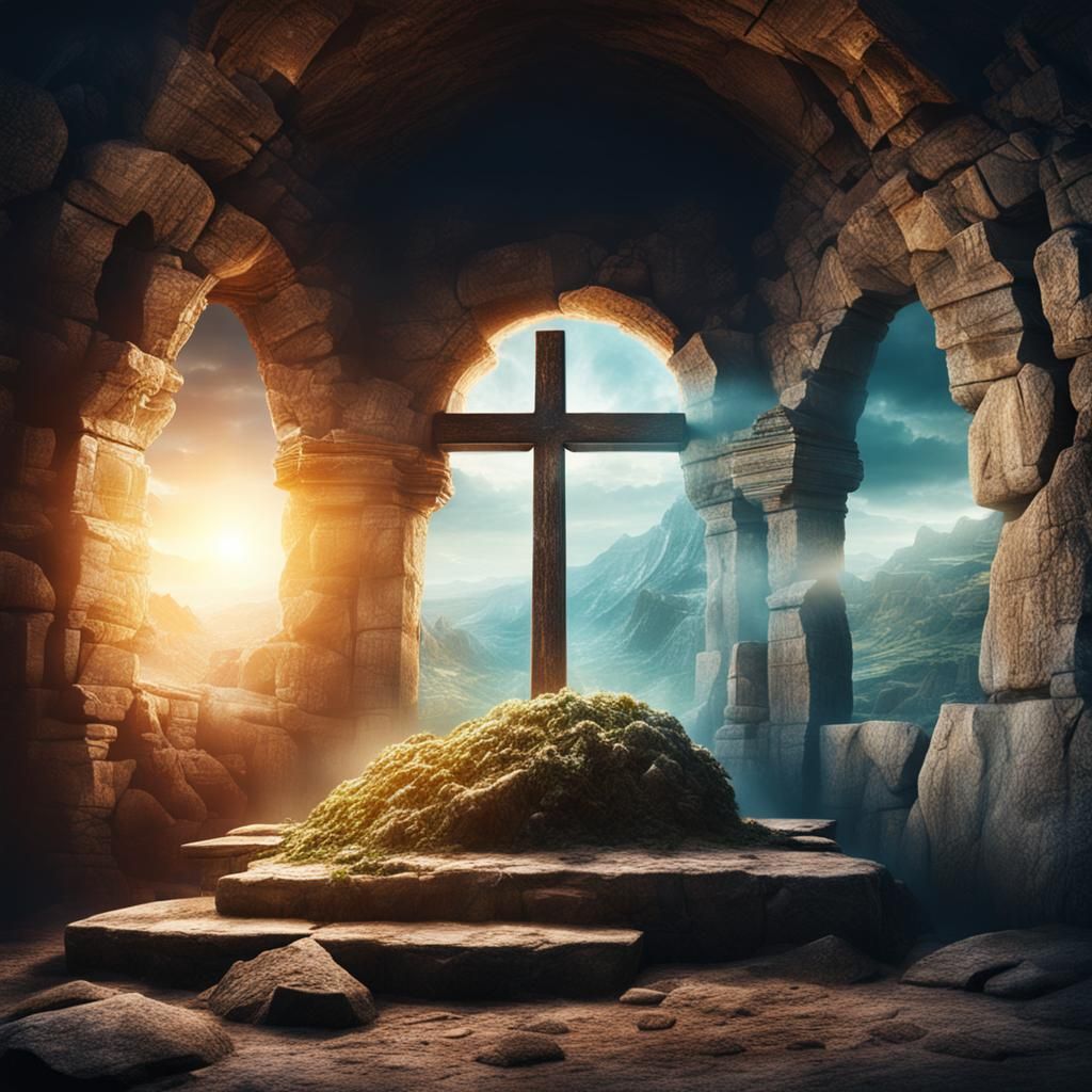 Empty Tomb Double Exposure Inside Christian Cross