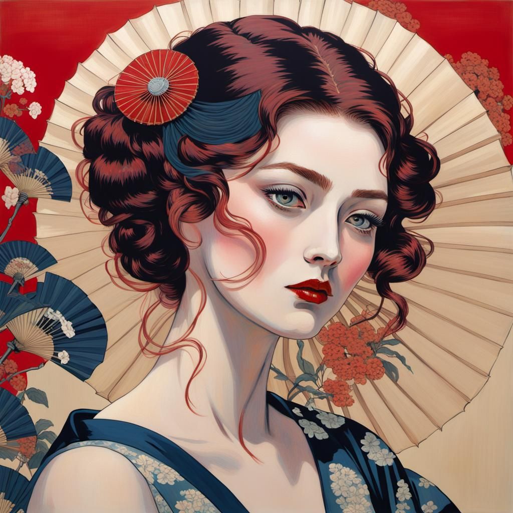 Woman with Fan in Ukiyo-e Impressionism Style
