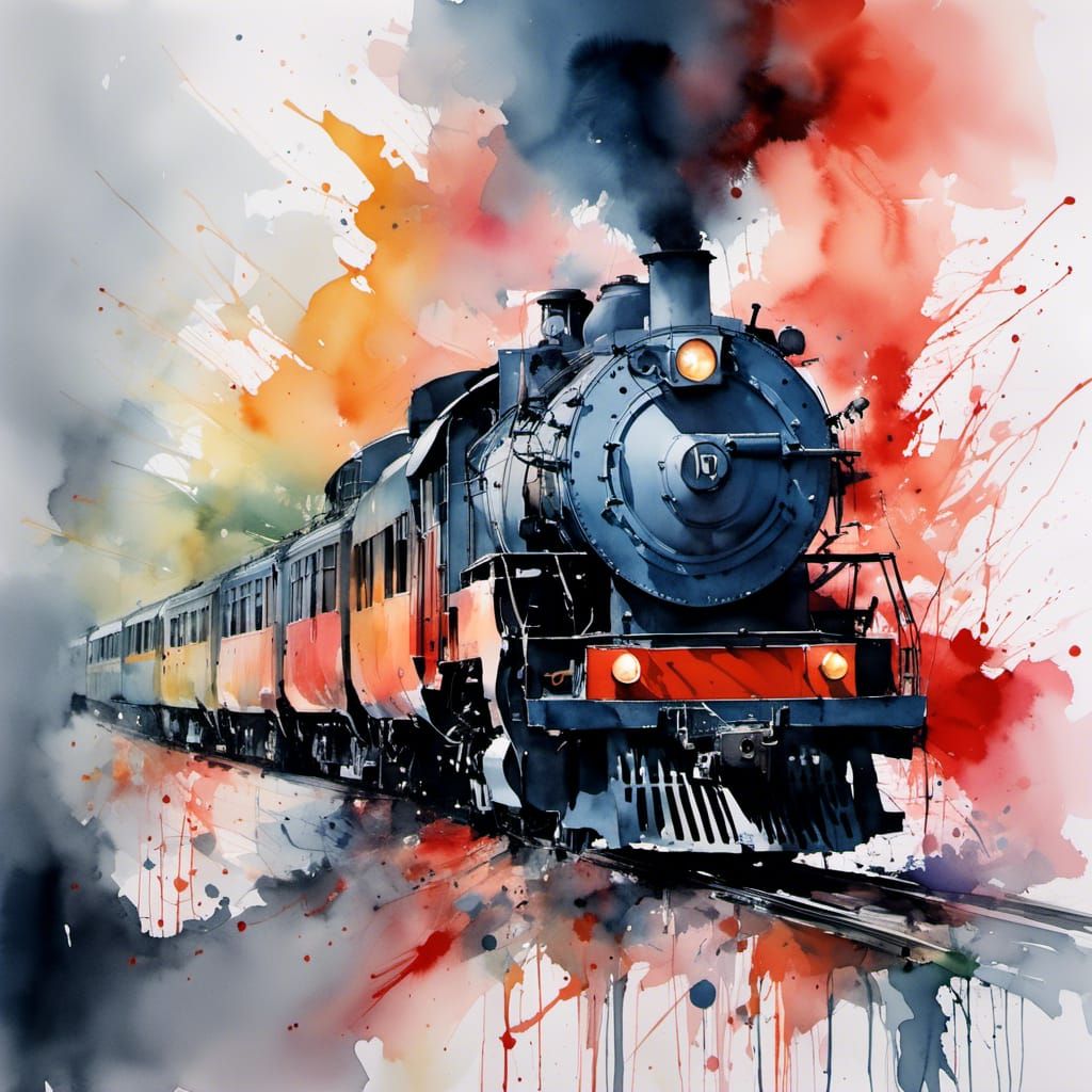 Watercolor Train with Spattered Effect