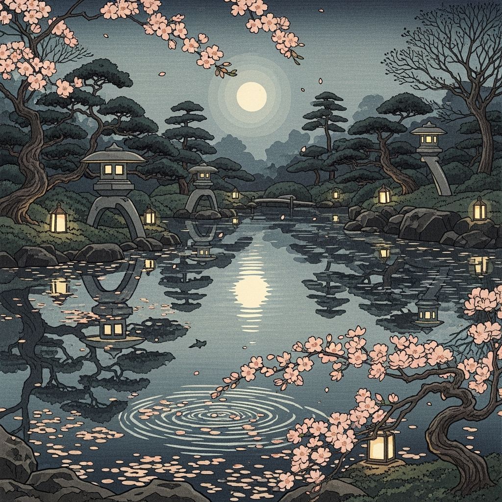 Serene Japanese Garden with Koi Pond: Japanese Print Style