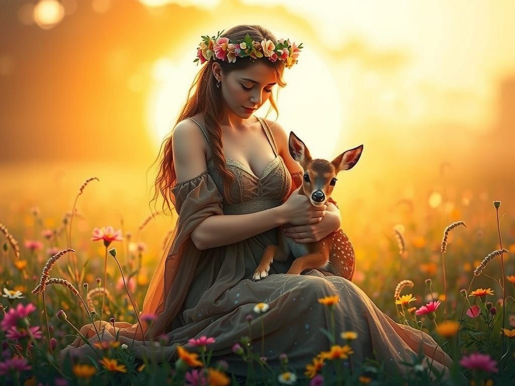 A Gentle Moment with a Fawn in Whimsical Summer Glow