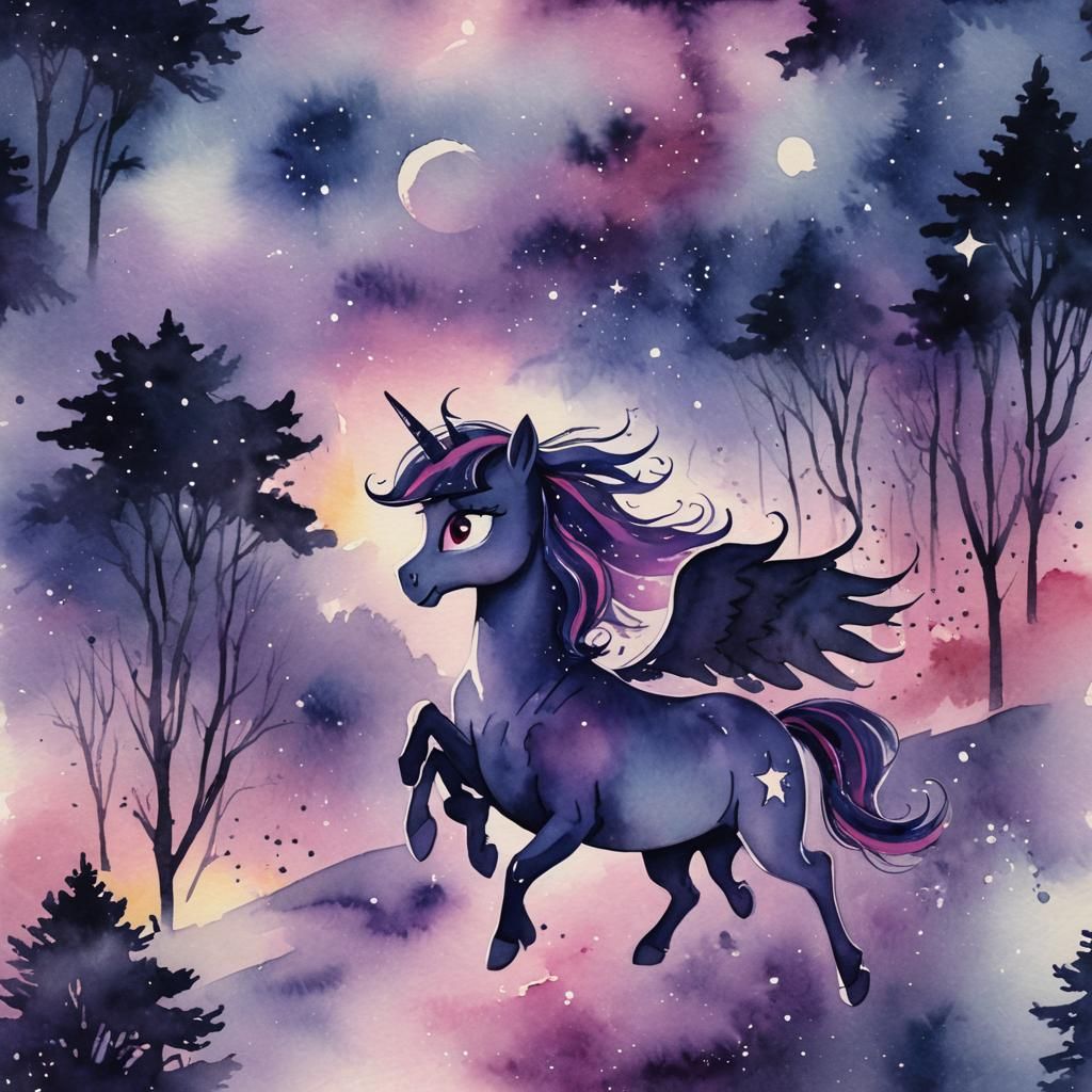 Watercolor Twilight Sparkle in Dreamlike Landscape