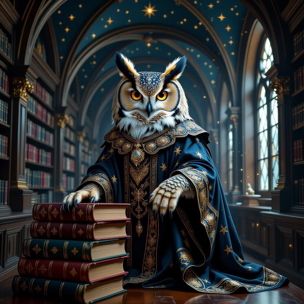 Celestial Owl in Star-Dusted Library as Impasto Painting
