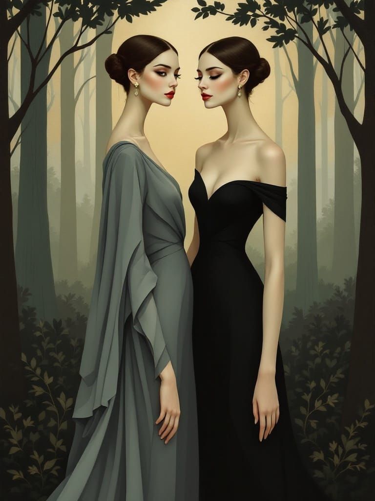 Elegant Women in Forest, Art Deco Style