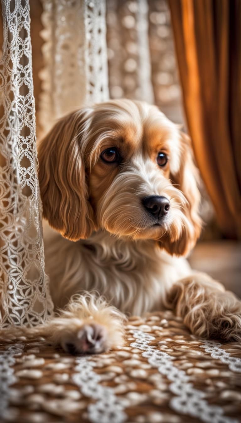Lace Curtain with Dog Patterns: Still Life Photo