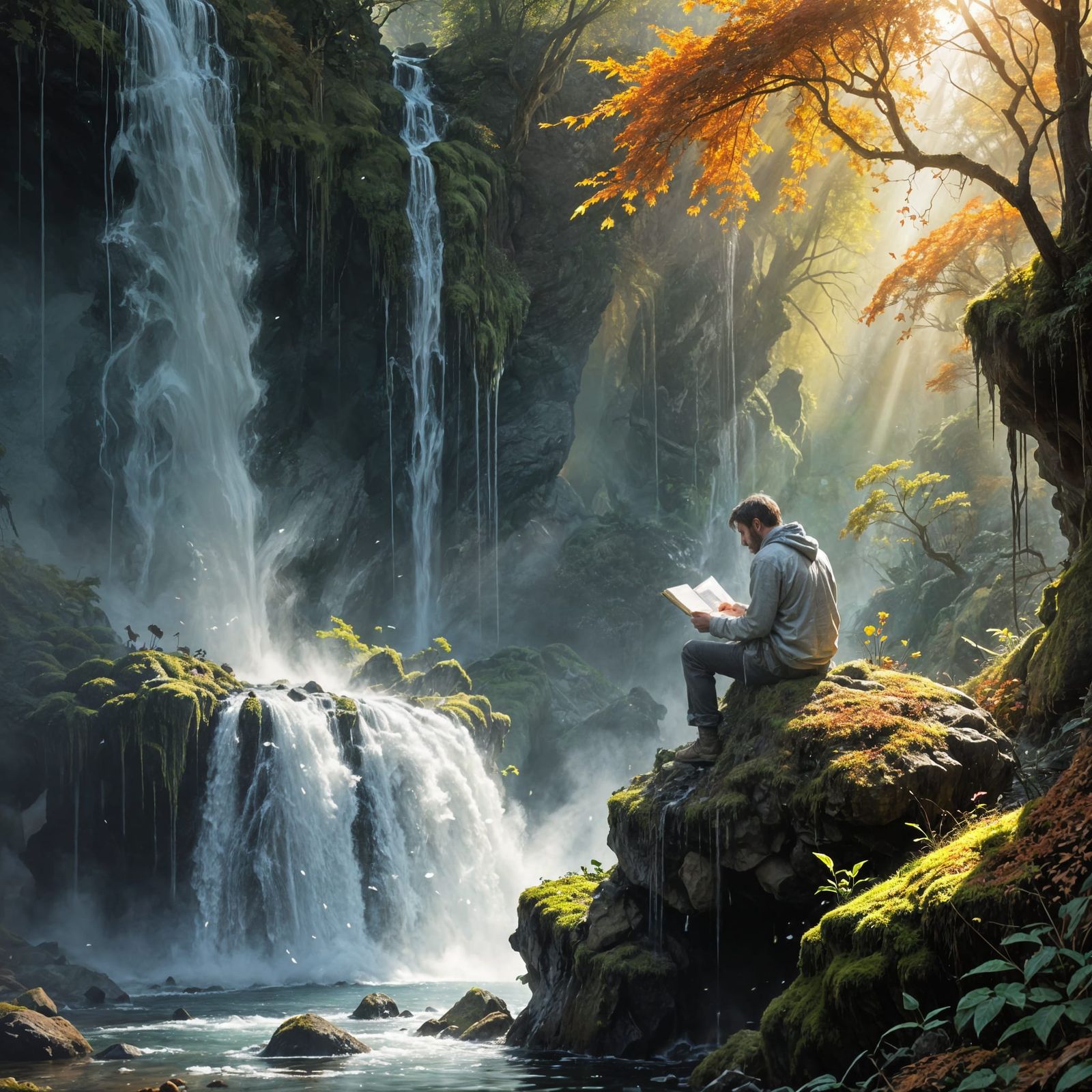 Artist Sketches Misty Autumn Waterfall in Sunlight