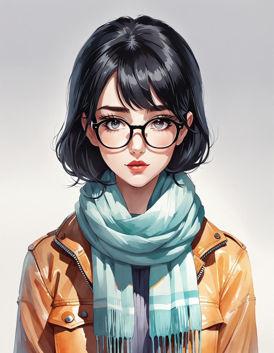 Watercolor Mugshot of Emo Hipster in Anime Style