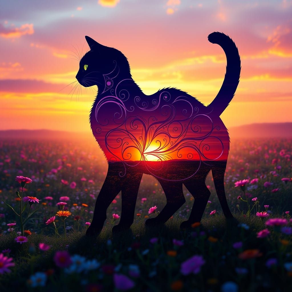 Surreal Sunrise Feline Canvas in a Vibrant Flower Meadow
