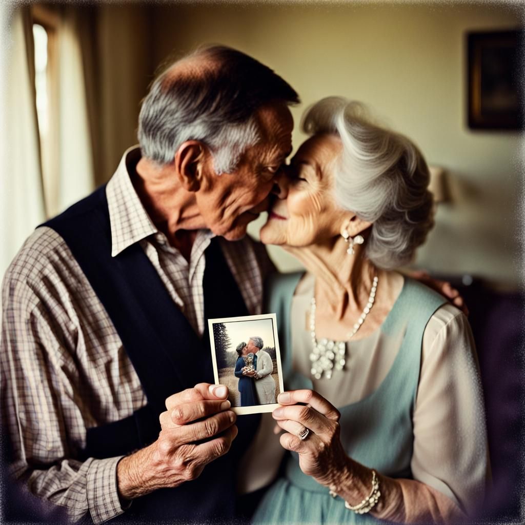 Romantic Old Couple Kissing with Vintage Photo