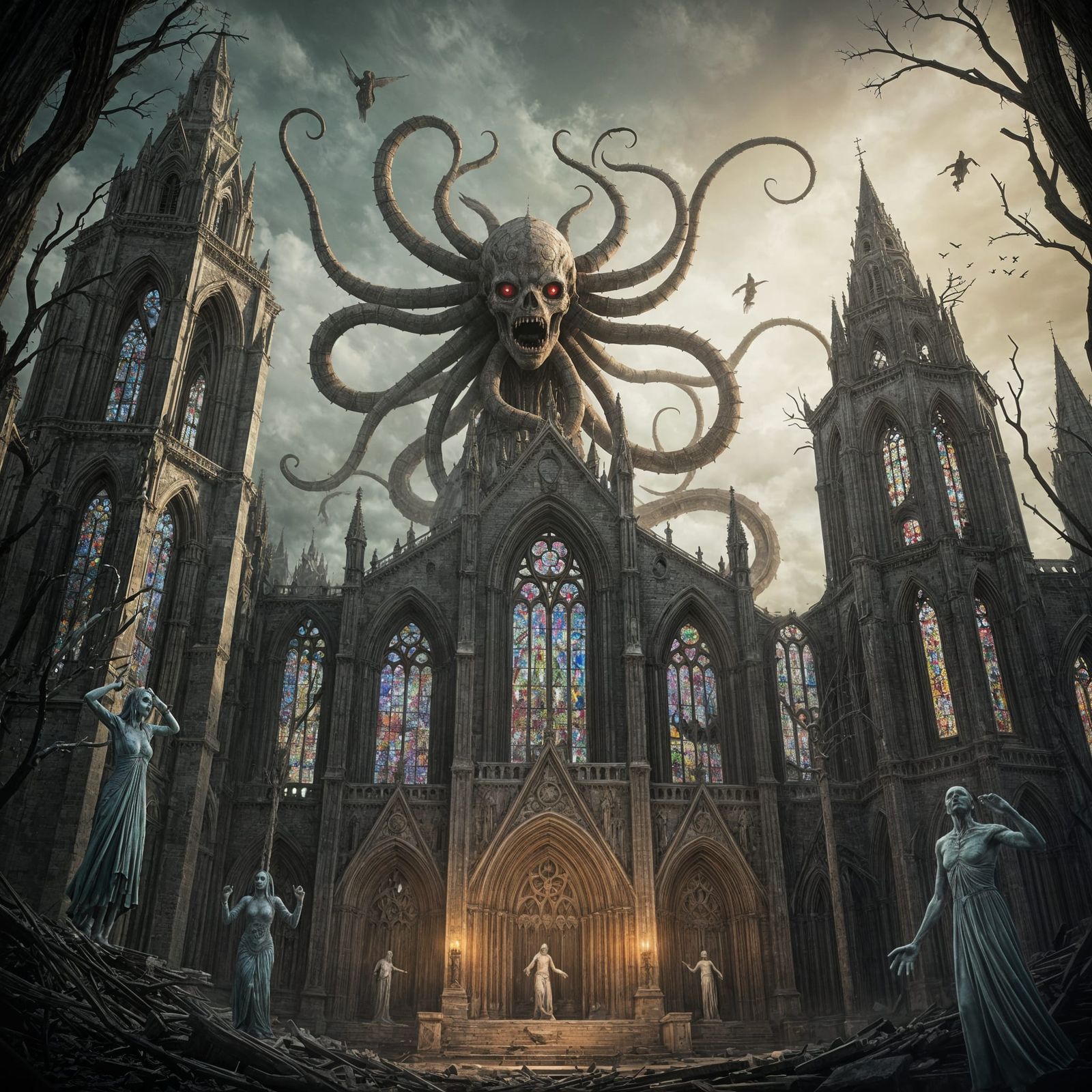 Demonic God Coils Around Decaying Gothic Cathedral