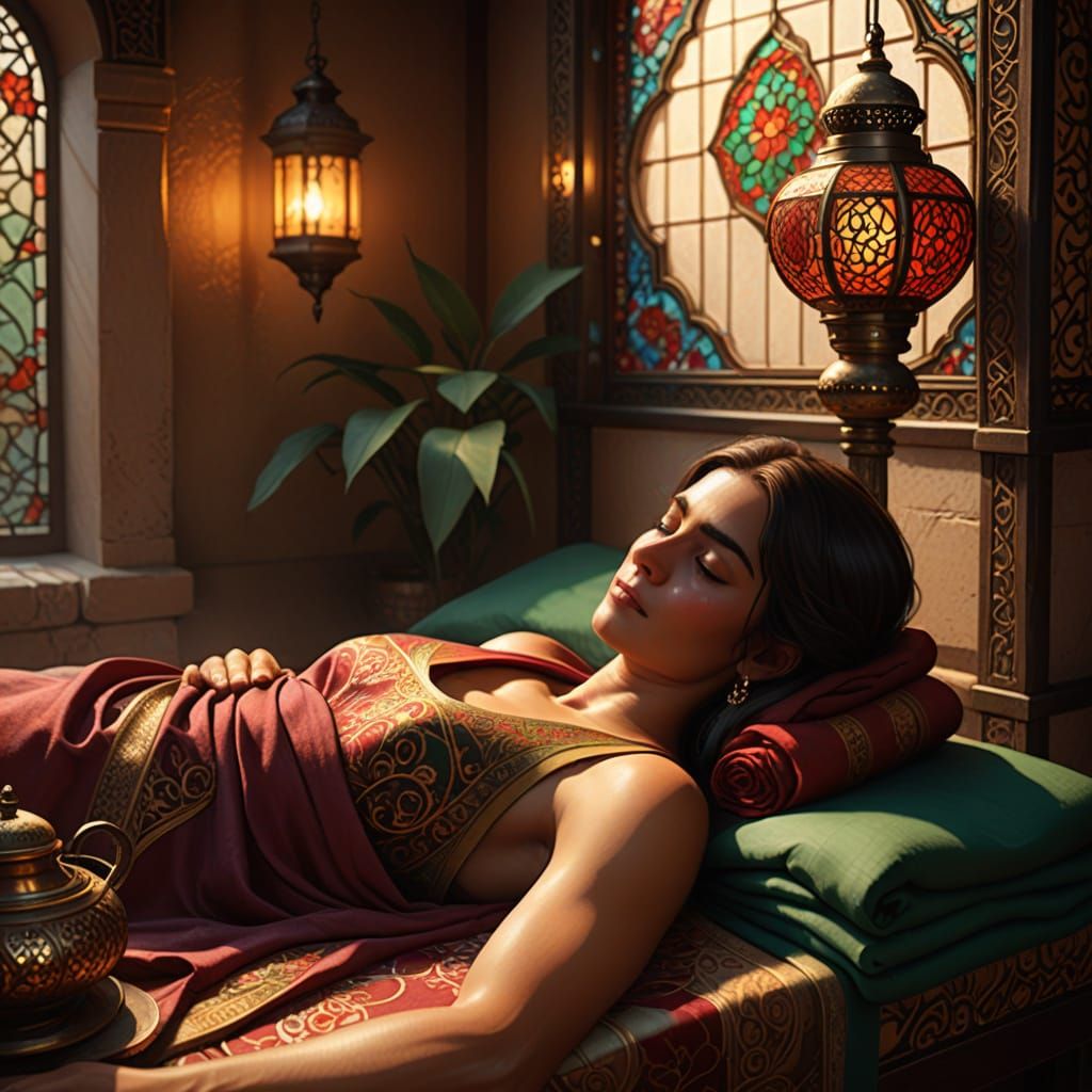 Elegant Woman Reclines on Persian Spa Massage Table