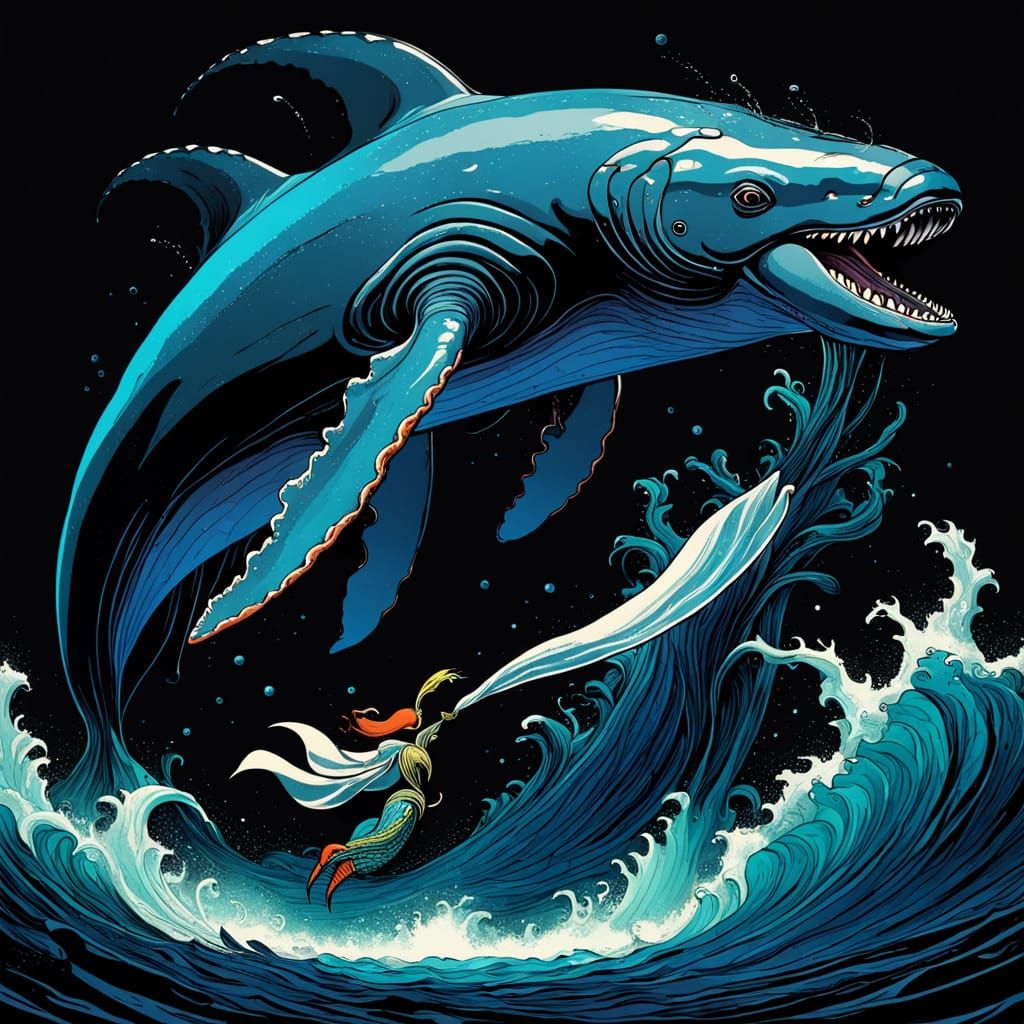 Epic Whale vs Squid Battle in Moebius Style