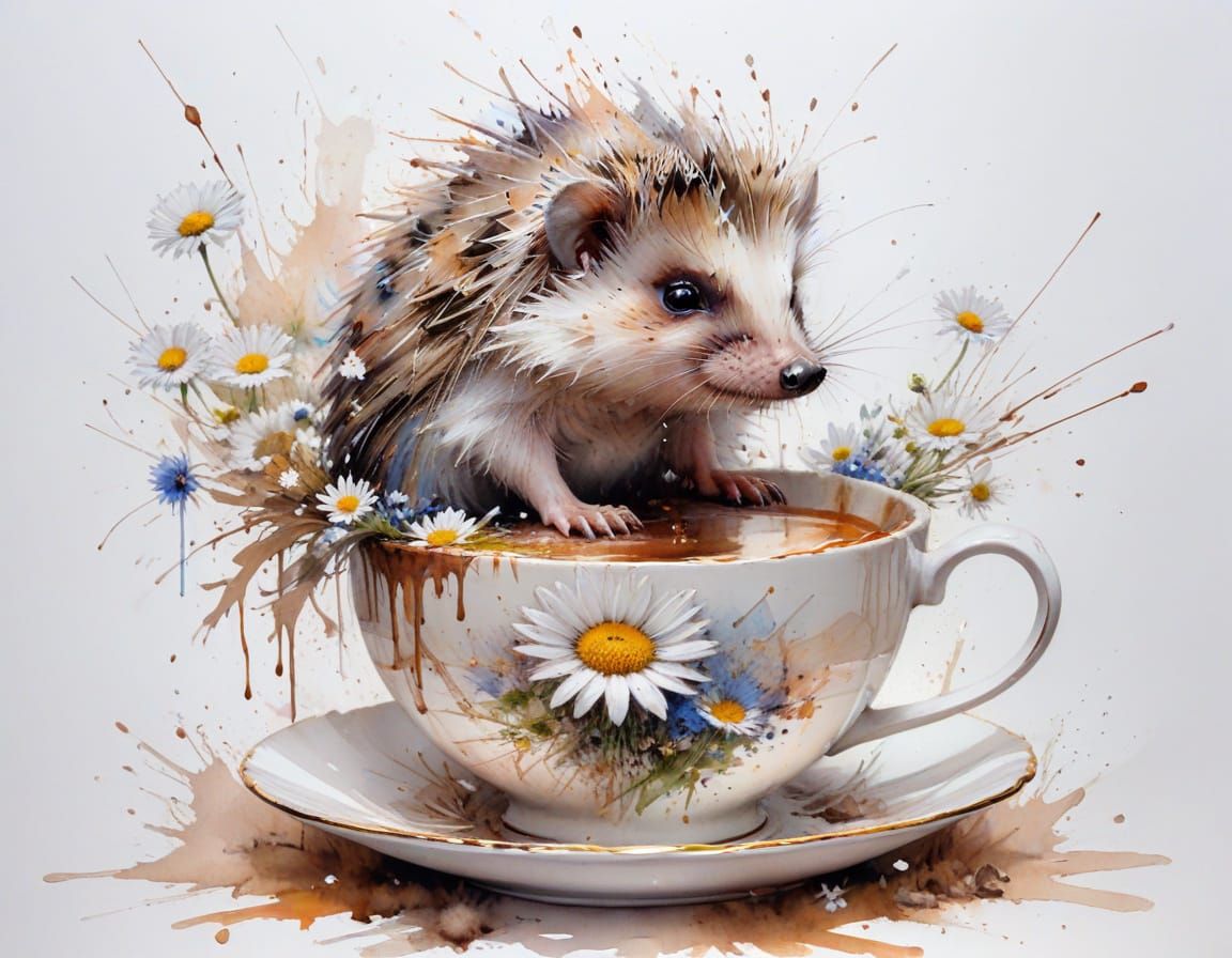 Hedgehog in Teacup: A Watercolour Dreamscape