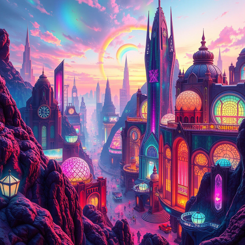 Vibrant Surrealist Art Deco Cityscape in Neon Lights