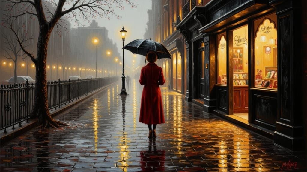 Rainy Evening Stroll in 1920s City, Oil Painting