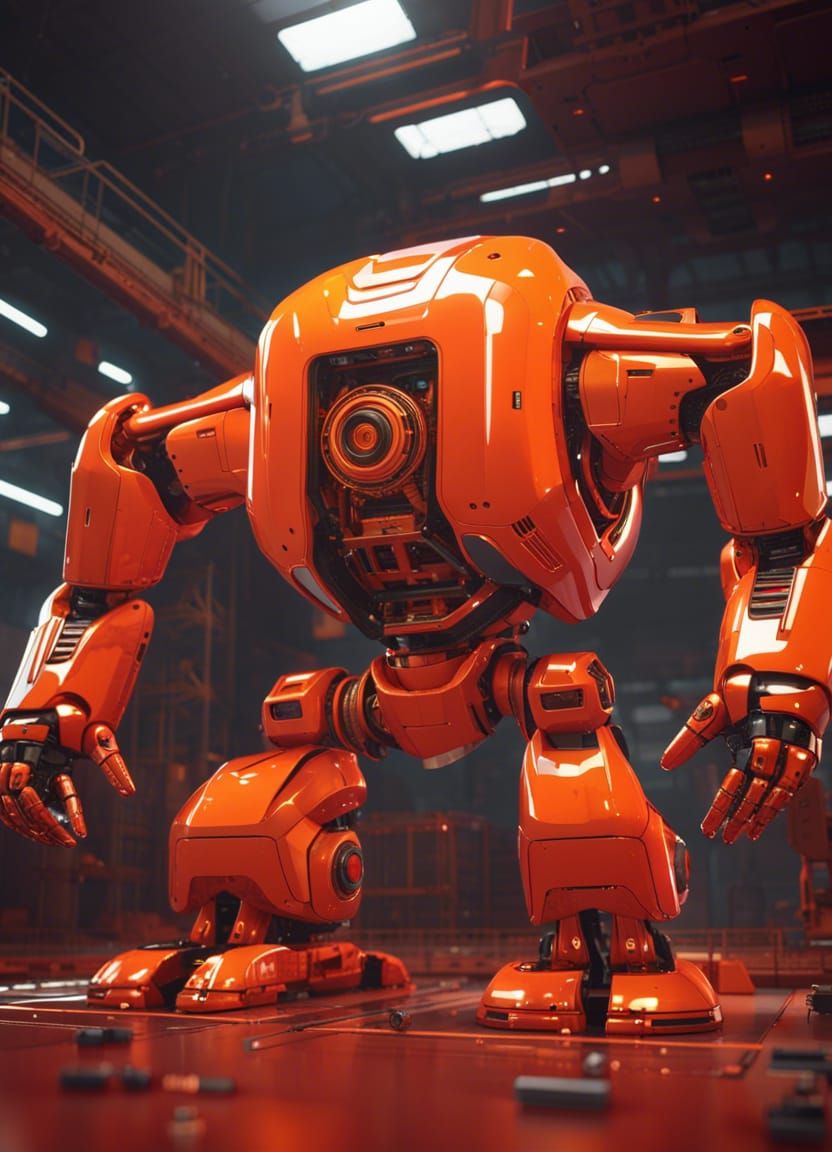 Giant Orange Robot in a Futuristic Factory