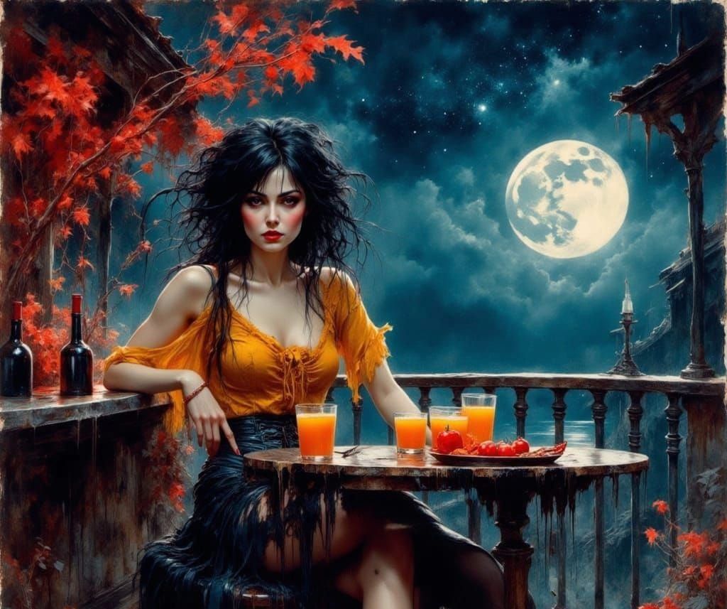 Gothic Noir Woman in Ethereal Fantasy Bar Scene