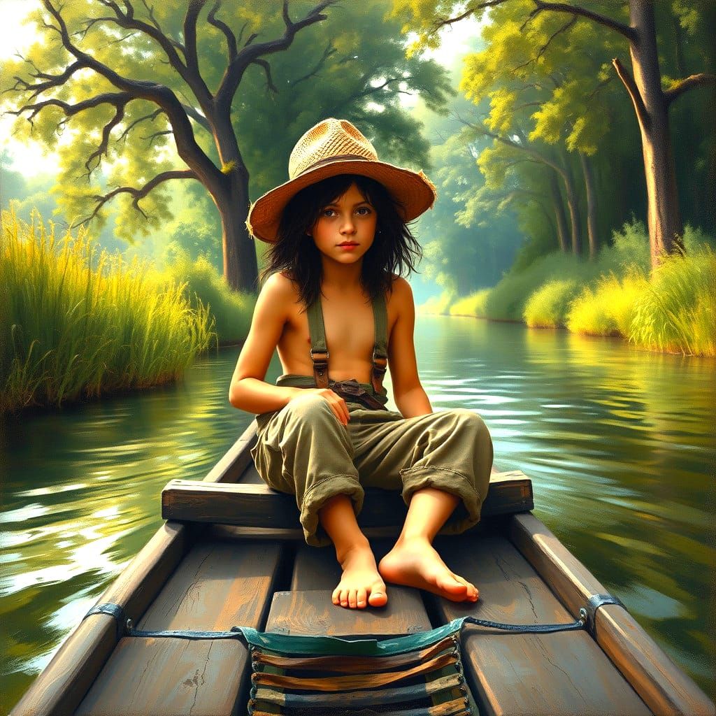 Huckleberry Finn on a Raft: 1840s Oil Painting