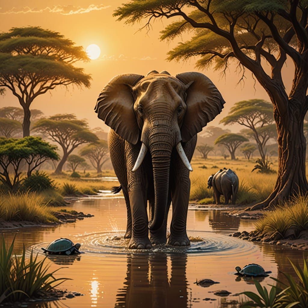 Giant Elephant and Turtle in Sunlit River