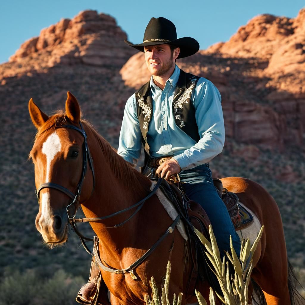 Cowboy Rides Horse in Desert Landscape: Cinematic Style