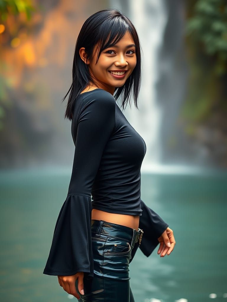 Thai Woman Embracing Adventure in Stunning Falls Portrait
