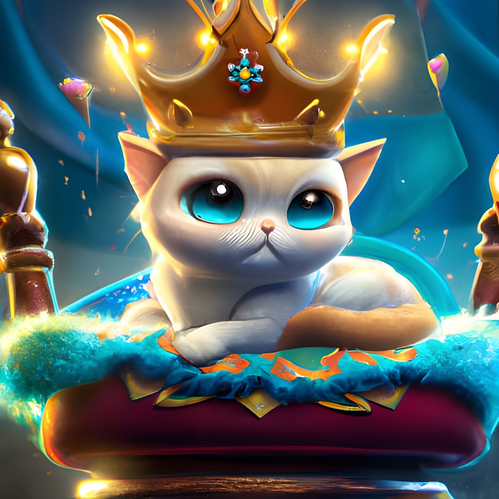 Cartoon Kitten King on Golden Throne in 3D Render