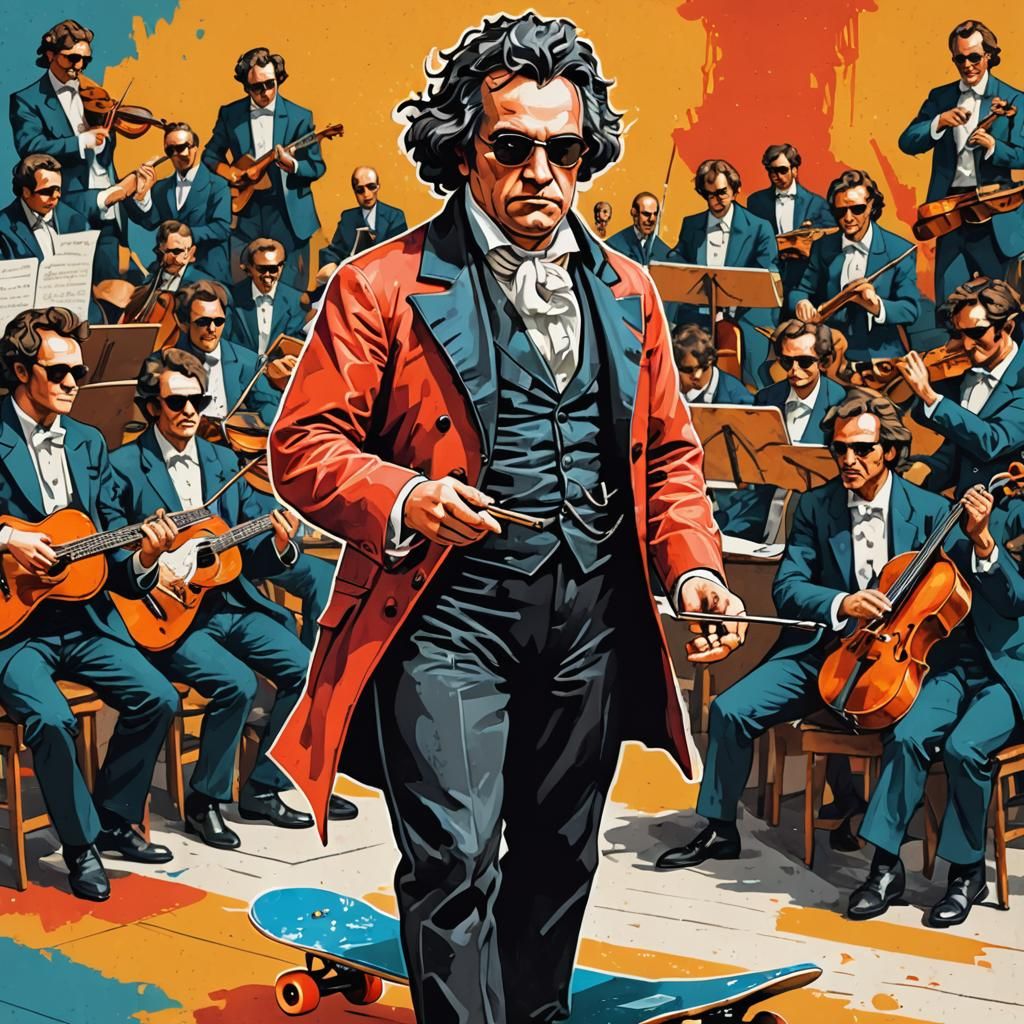 Beethoven Shreds: Composer on Skateboard in Ink