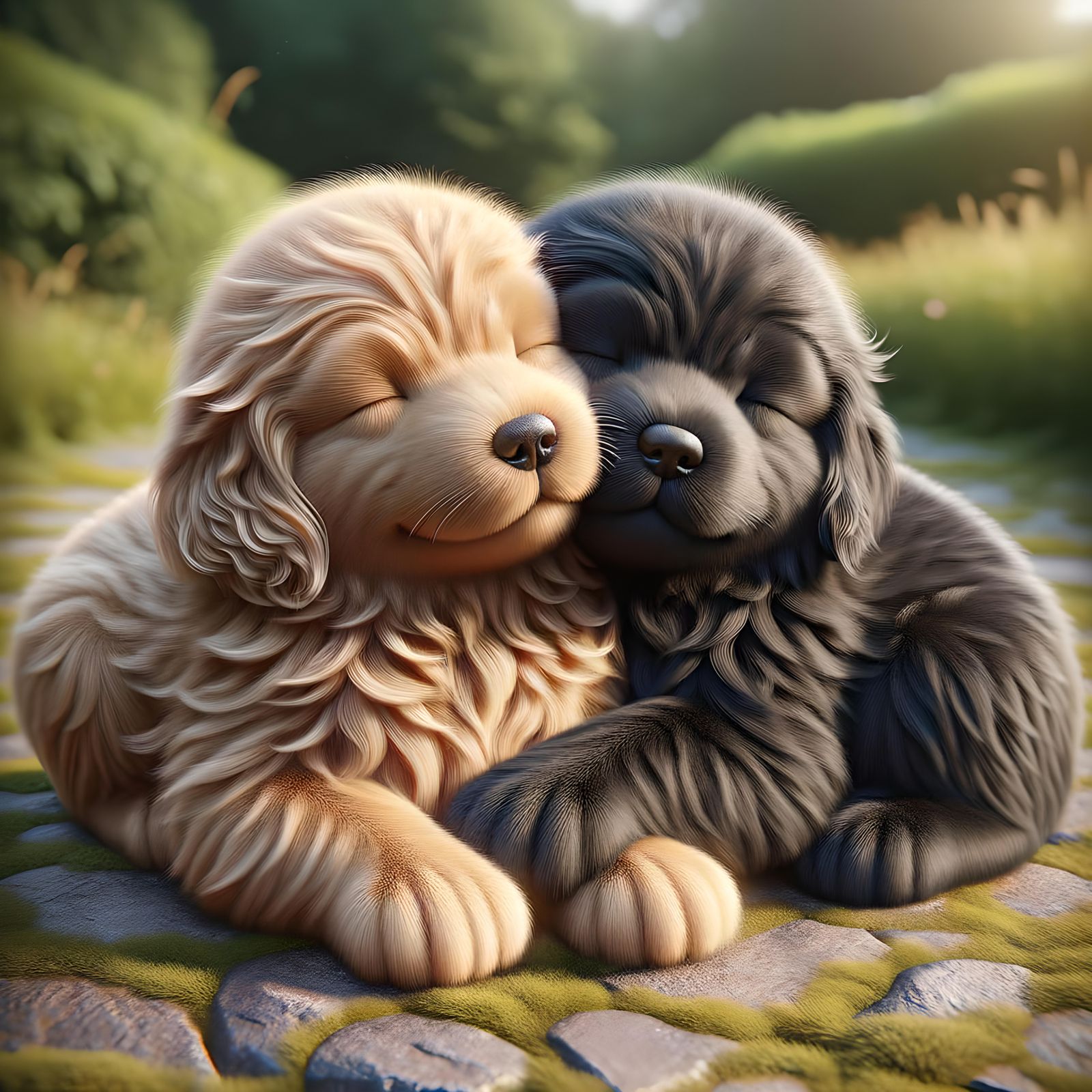 Cute Retriever Puppies Hugging in Garden