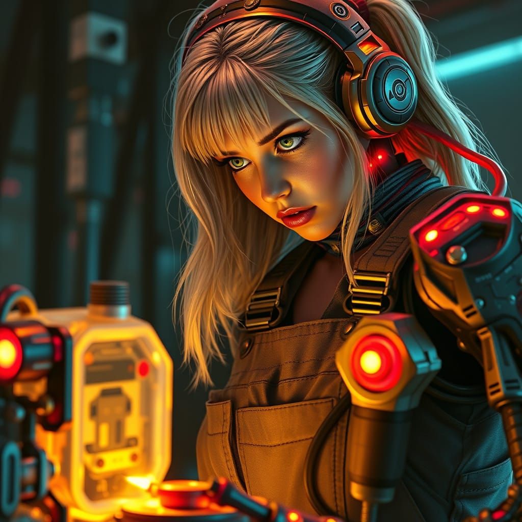 Cyberpunk Inventor Tinkers with Glowing Robot