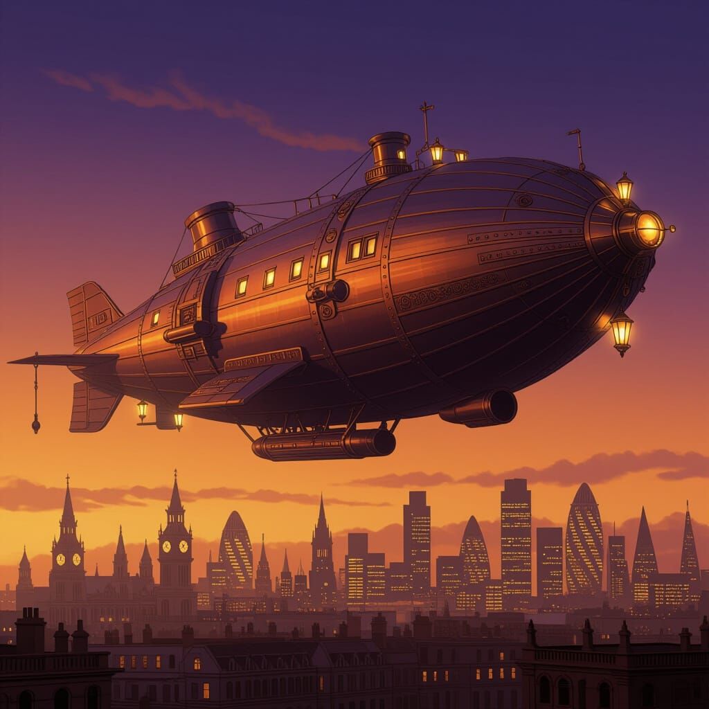 Whale Airship Over Victorian London in Steampunk Style