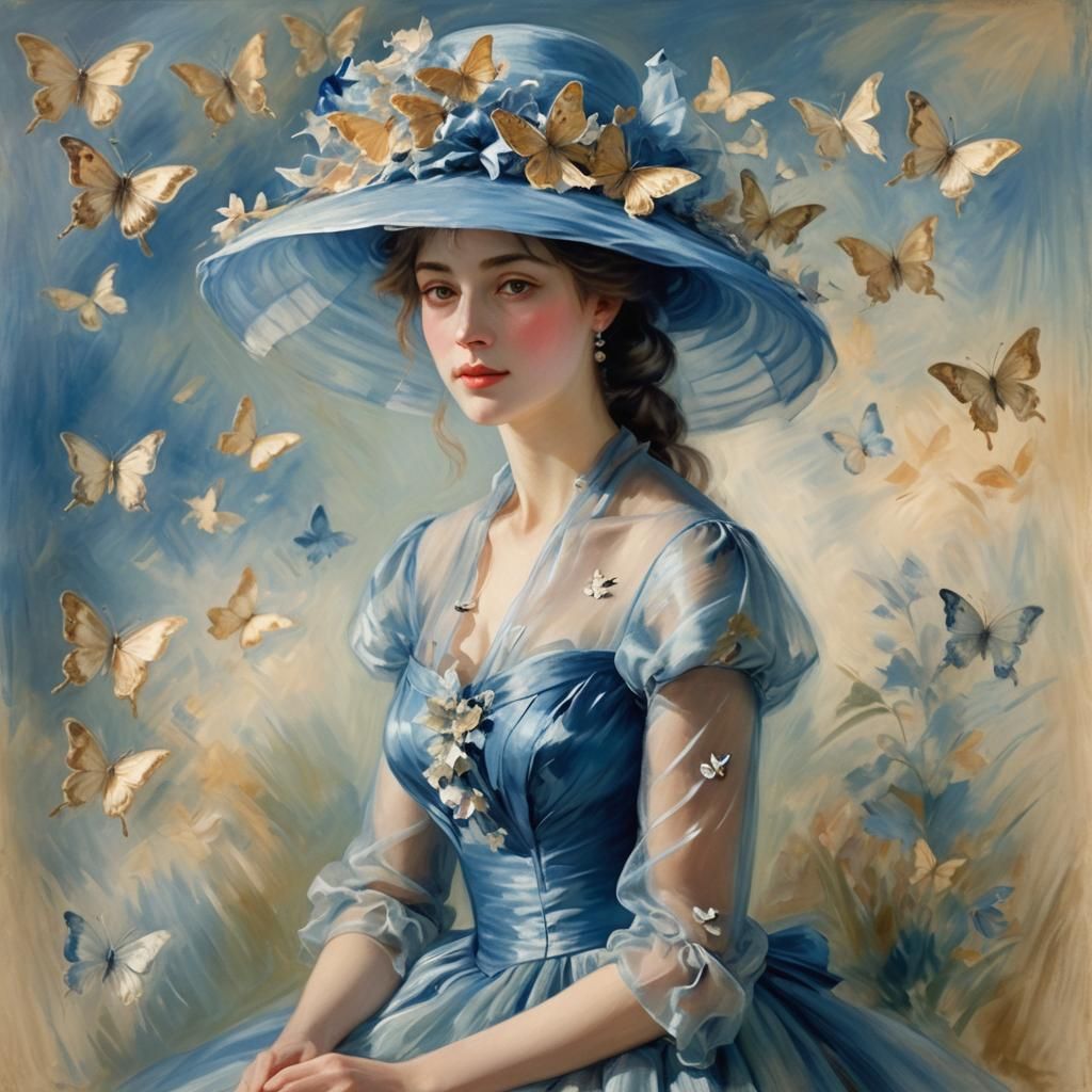 Impressionistic Woman in Blue Hat with Butterflies