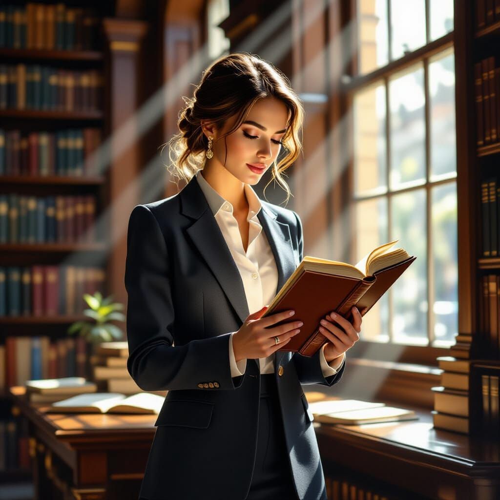 Businesswoman Concentrates in Sunlit Library Oil Painting