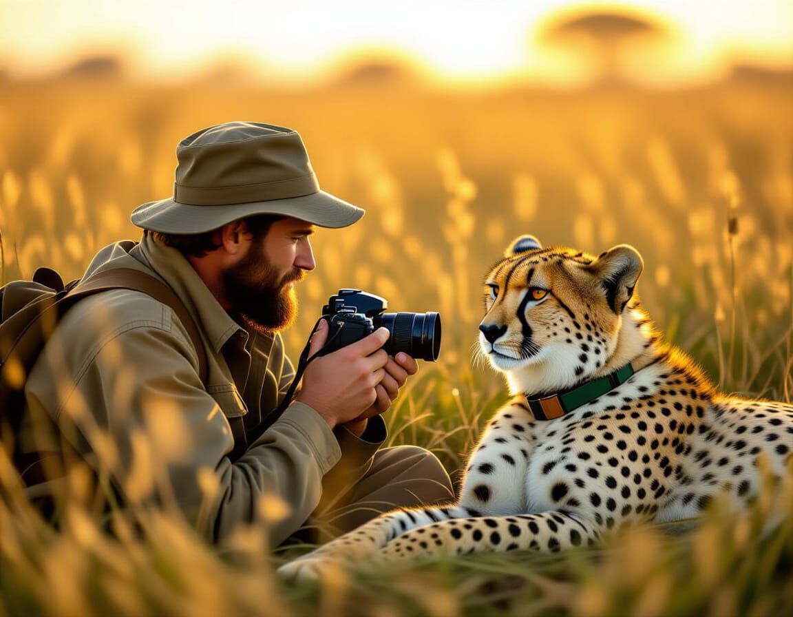Wildlife Photographer Face to Face with Cheetah as Impasto P...