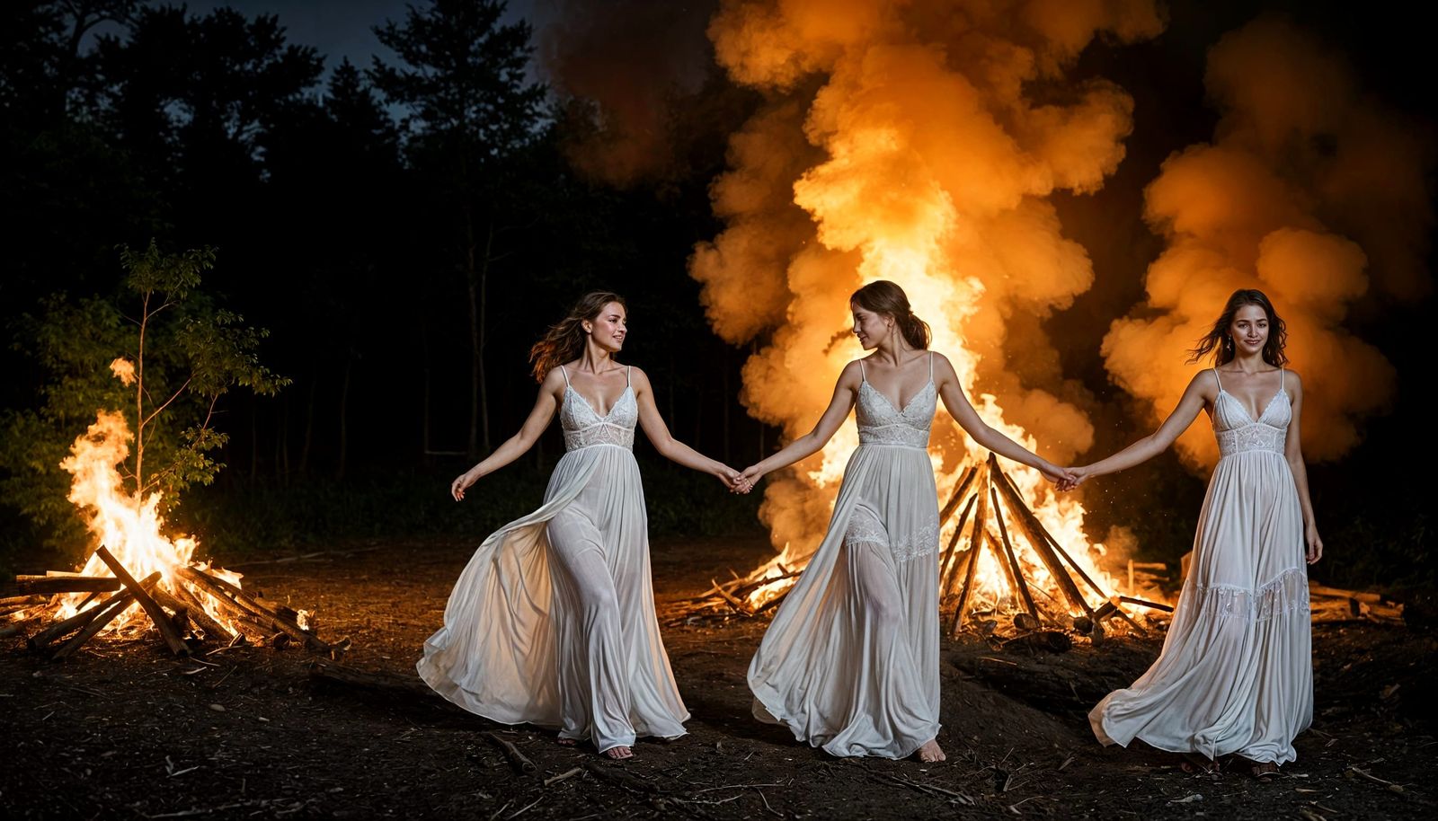 Three Women Dancing Under Starlight in a Forest Clearing
