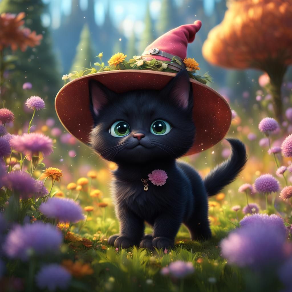 Fluffy Black Kitten in Disney Pixar Style